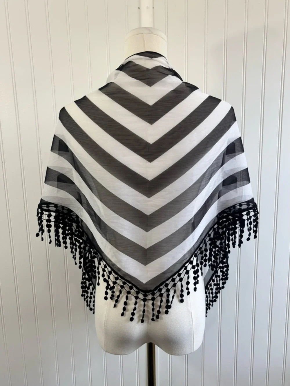 Chico’s Black White Striped Boho Sheer Scarf Wrap Shawl Fringe OS Minimalist